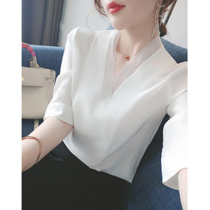 雪纺衫女短袖2024夏季新款韩版宽松显瘦V领洋气小衫白色半袖上衣