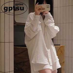 日本GP白色性感纯欲风睡衣女夏季纯棉棉纱长袖短裤大码家居服套装
