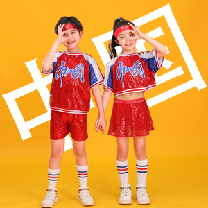 六一儿童啦啦队演出服小学生运动会中国风男女童爵士舞亮片表演服
