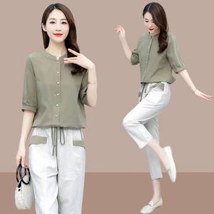 杭州大牌素订系列品牌女装棉麻套装2023夏季新款大码时尚两件套女
