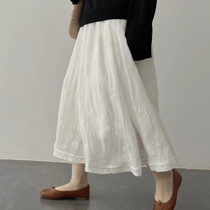 法式白色棉麻高腰蕾丝花边半身裙重工设计感刺绣小白裙气质长裙女