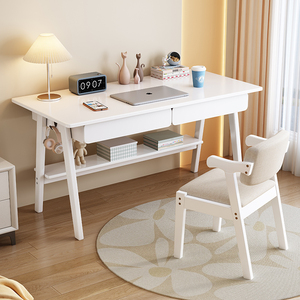 北欧家用书桌白色实木腿电脑桌卧室女生小户型梳妆台奶油风写字桌