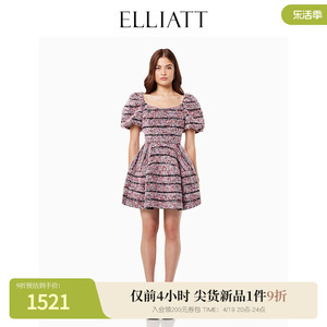 ELLIATT 粉紫色小香风泡泡袖U形领收腰连衣裙蓬蓬短裙E4112304