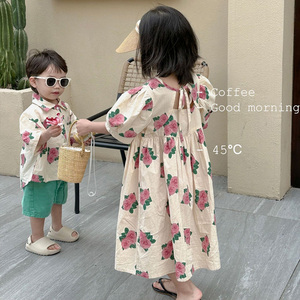 儿童韩国姐弟装宝宝夏季洋气花朵兄妹装男童度假风衬衫女童连衣裙