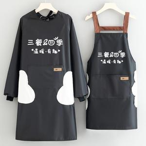 厨房围裙防水防油女2024新款做饭长袖黑色背带罩衣时尚工作服带袖
