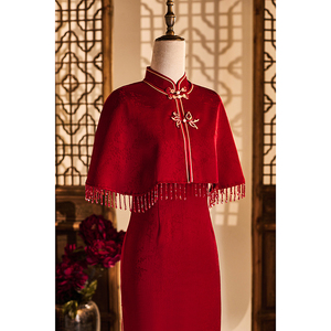 红色旗袍敬酒服新娘喜婆婆婚宴装结婚订婚礼服连衣裙妈妈中式披肩