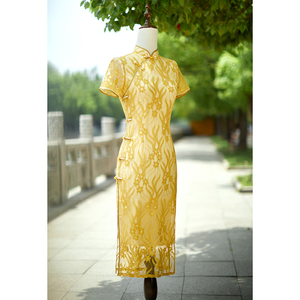 黄色旗袍2024新款女夏季改良年轻款气质高端连衣裙新中式蕾丝日常