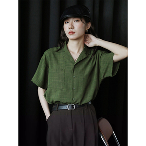 深绿色条纹格子短袖衬衫女装夏季新款气质复古港风薄衬衣雪纺上衣