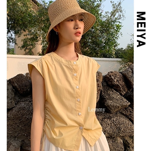 广州十三行女装韩国货浅淡小鸡奶黄色上衣高级感抽绳无袖衬衫夏季