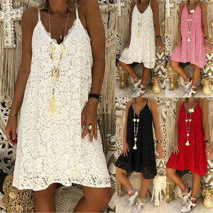 亚马逊eBay速卖通爆款女装夏纯色无袖V领吊带蕾丝宽松连衣裙
