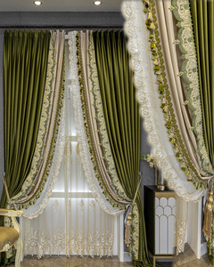 高档法式宫廷风欧式橄榄绿加厚遮光花边丝绒窗帘卧室客厅婚房成品