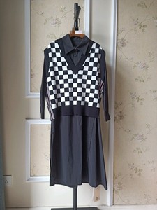 专柜价1399 哥b邦品牌女装 黑白格 针织马甲两件套连衣裙时尚减龄