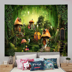 奇幻森林童话蘑菇屋背景布卡通儿童房卧室墙布童装店早教所挂毯