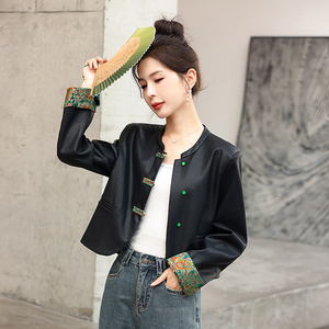 新中式女装国风黑色皮衣外套2024春款独特超好看爆款短款夹克上衣