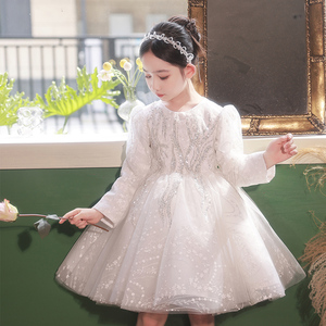 女童礼服2024白色公主裙长袖超仙儿童生日公主裙赫本风钢琴演出服