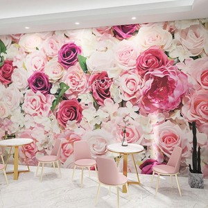 3D浪漫粉红色玫瑰花形象墙纸酒店卧室床头墙布壁布婚纱服装店壁纸