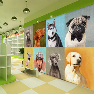 宠物店壁纸创意卡通照片墙画狗狗猫咪墙布3d宠物医院装饰背景墙纸