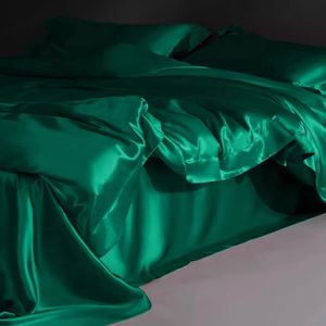 高级感墨绿色水洗真丝床上四件套重磅丝绸凉感单双人裸睡床单被套