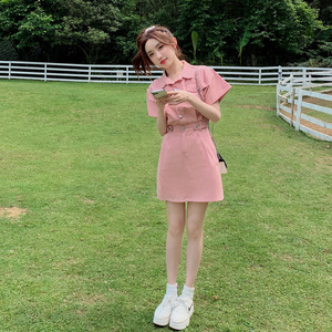粉色可盐可甜衬衫连衣裙女夏季2024新款韩版小个子气质修身A字裙