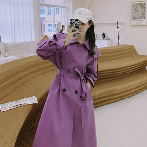 韩版时尚气质风衣外套女中长款2024春秋紫色设计感百搭双排扣大衣