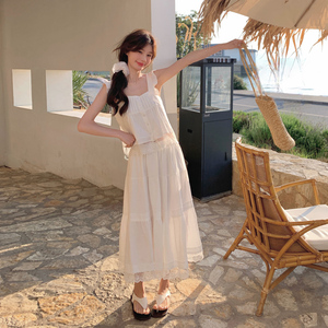夏装搭配一整套韩系时尚白色小飞袖上衣蕾丝甜美蛋糕半身裙两件套