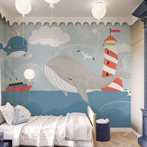 轮船鲸鱼卡通壁布儿童房墙纸女孩男孩卧室墙布幼儿园壁纸定制壁画