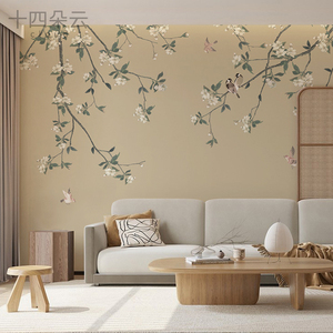 定制壁画花鸟树枝中式手绘工笔沙发电视背景墙壁纸书房艺术壁布
