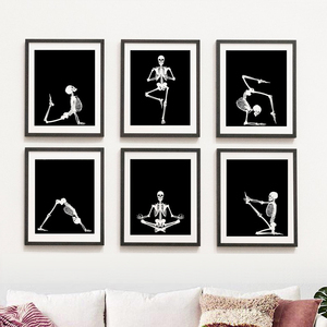 瑜伽馆墙面装饰挂画现代简约黑白体式创意人体骷髅壁画教室背景墙
