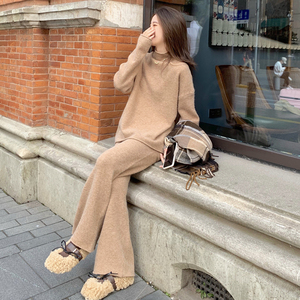 流行韩版时尚洋气两件套女2024年新款针织毛衣直筒阔腿裤套装女秋