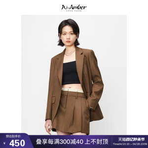 W.Amber不对称下摆西装套装女春季新款双腰头压褶半裙西服两件套