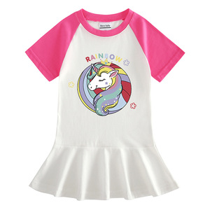 独角兽unicorn衣服童装女童同款短袖连衣裙拼色全棉儿童裙子夏款