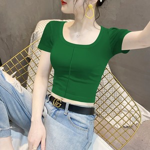 潮牌1212深绿色短袖T恤女夏季新款设计感高腰露脐半袖椭圆领上衣