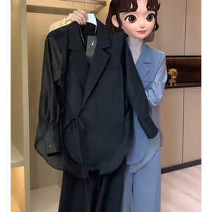 韩版实时黑色薄款西装外套女2024夏季新款高级感绑带长袖防嗮上衣
