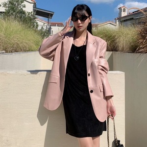 SHOPINBYIN韩版高级感宽松显瘦中长款黑色皮衣西装外套女2024春季