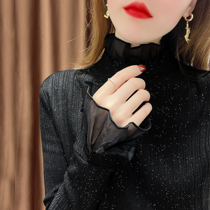 加绒加厚打底衫女秋冬时髦时尚洋气蕾丝黑色毛衣内搭闪亮亮片上衣