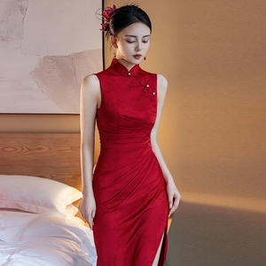新中式晨袍女新娘高端无袖旗袍敬酒服红色订婚礼服裙结婚当天便装