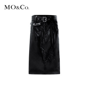 【礼遇价】MOCO秋季新品插袋亮面漆皮半身裙摩安…