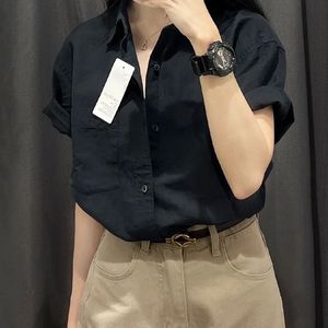 纯棉黑色短袖衬衫女夏季新款韩版日系高级感气质简约百搭T恤上衣