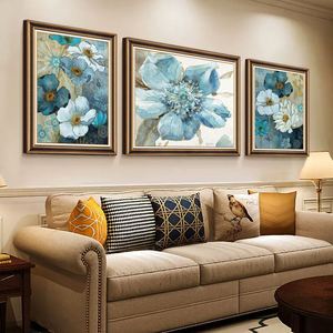 美式客厅装饰画欧式简欧沙发背景墙三联画蓝色系花卉墙画餐厅挂画