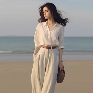 海边度假时尚套装女2024夏季新款衬衫西装裤清冷白色系穿搭两件套