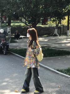 美式复古彩色格子衬衫外套女夏季2024新款慵懒高级感宽松防晒衬衣