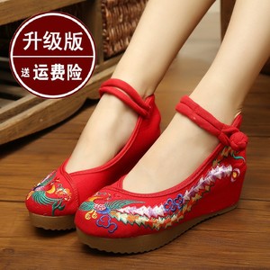 老北京布鞋女鞋春夏季民族风绣花鞋坡跟单鞋内增高厚底红色结