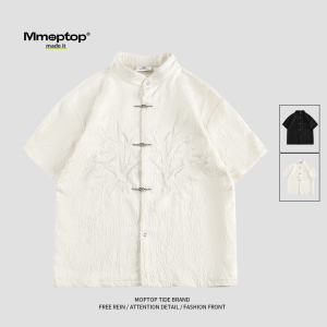 Mmoptop新中式复古情侣宽松简约短袖衬衫男士夏季中国风刺绣衬衣