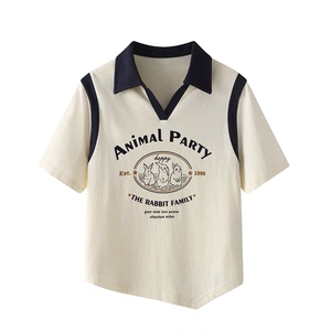 【CHUNXI】超甜兔子字母印花学院撞色Polo领假两件短袖T恤女新款