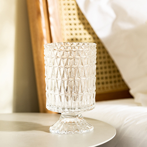 钠钙浮雕纹理插花养花家用花瓶玻璃杯复古透明简约高脚浮雕玻璃