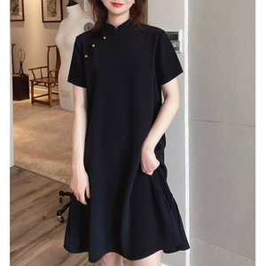 新中式黑色连衣裙夏季女赫本风小个子气质改良旗袍宽松显瘦小黑裙