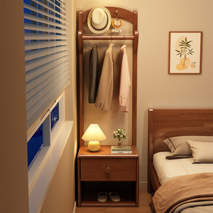 全实木床边柜衣帽架一体卧室简约多功能置物收纳隔夜衣服挂衣架子