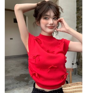 红色半高领蝴蝶结设计感短袖针织衫女装夏季辣妹独特别致绝美上衣