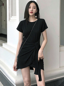 不规则黑色莫代尔短袖连衣裙女夏季小个子气质包臀短款t恤小黑裙