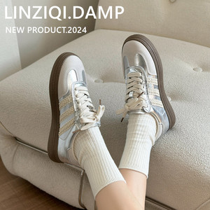 蕾丝德训鞋女2024年新款银色休闲小白鞋平底芭蕾风运动鞋系带单鞋